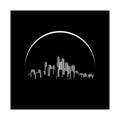 The simple artistic card with a sun arc over an abstract big city with skyscrapers. Royalty Free Stock Photo