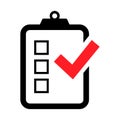 Simple, black and white checklist/survey icon, with a red check mark