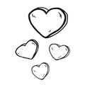 Simple black and white freehand drawn cartoon hearts