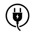 Simple black and white icon depicting an electrical plug with a lightning bolt Royalty Free Stock Photo