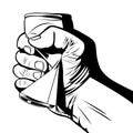 Black and white illustration of hand squeezing a red can