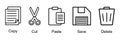 Simple black and white line art icons representing common computer functions like copy cut paste save and delete for use in Royalty Free Stock Photo