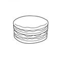 A simple black and white line drawing depicts a stack of four pancakes. Each pancake