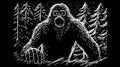 Simple black and white Linocut art of a Sasquatch in the woods. Simplistic lino print Bigfoot illustration