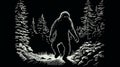 Simple black and white Linocut art of a Sasquatch in the woods. Simplistic lino print Bigfoot illustration