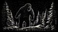 Simple black and white Linocut art of a Sasquatch in the woods. Simplistic lino print Bigfoot illustration