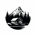 Simple Black And White Mountain Cabin Landscape Art