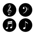 Simple black and white music notes and trebles symbols on black circle background, vector Royalty Free Stock Photo