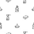 Simple black and white seamless pattern with soap, sponge, detergents. Vector background for cleaning company, services Royalty Free Stock Photo