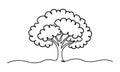 Black and white single line art drawing of a stylized tree with wavy ground vector Royalty Free Stock Photo