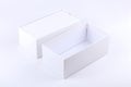 Simple blank white opened empty smartphone box premium quality paper mobile phone technology product container isolated on white