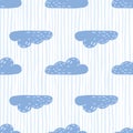 Simple blue clouds silhouettes seamless pattern. Light striped background. Weather print