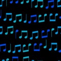 Simple blue music notes on black seamless pattern, vector Royalty Free Stock Photo