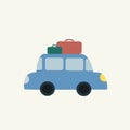 Simple blue toy car with baggage on the roof, side view. cute kid transport. Vector drawn flat illustration, clipart, sticker Royalty Free Stock Photo