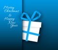 Simple blue vector card with christmas gift made from paper stripe