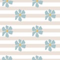 Simple blush pink striped seamless pattern with cute blue flowers, boho floral background. Simple botanical vector Royalty Free Stock Photo