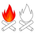 Simple bonfire icon burning logs, vector campfire balefire, smudge