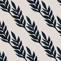 Simple botanic seamless pattern with hand drawn leaves branches. Black foliage silhouettes on grey background
