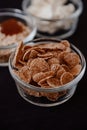 Simple Breakfast - Cornflake. pure yogurt served on black backg Royalty Free Stock Photo