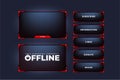 Simple broadcast frame design with red color and dark background. Offline and online screen panels with subscribe buttons for