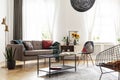 Simple brown sofa with cushions in an eclectic, white living room interior with natural light coming through big windows. Royalty Free Stock Photo