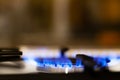 Simple burning gas kitchen stove, burner macro, extreme closeup, shallow depth of field. Clear blue butane flame, cooking, copy