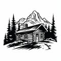 Simple Cabin In The Mountains: Bold Black And White Graphic Art Royalty Free Stock Photo