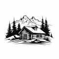 Simple Cabin: Charming Tattoo-style Illustration Of A Log Cabin In The Mountains