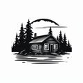 Simple Cabin Vector Logo In Wood Engraving Style