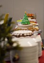 Simple cake dekorated with an eatable christmas tree pops out amonst other pies and cakes on a christmas party