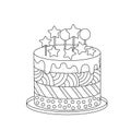 A simple cake with an ornament, layers, decoration. Hand drawn vector illustration, black lines on white, Doodle, sketch