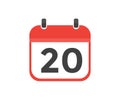 Simple calendar with date 20 day twenty logo design. Calendar icon flat day 20. Reminder symbol.