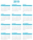 Simple calendar for year 2019 sundays first on white background