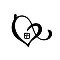 Simple Calligraphy House with heart. Real Vector Icon. Consept comfort and protection. Architecture Construction for design. Art