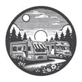 Simple campground with RVs parked vintage retro vector design. Royalty Free Stock Photo