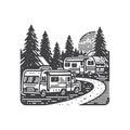 Simple campground with RVs parked vintage retro vector illustration. Royalty Free Stock Photo