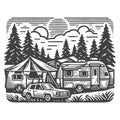 Simple campground with rvs parked vintage retro vector illustration design. Royalty Free Stock Photo
