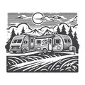 Simple campground with rvs parked vintage retro vector design. Royalty Free Stock Photo