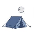 Simple Camping Scene with Blue Tent and Smiling Moon Cartoon Style Royalty Free Stock Photo