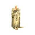 A simple candle with a burning flame, drops and smudges of wax. Hand drawn watercolor illustration for day of the dead