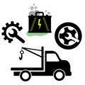 Simple car repair service set with engine, tow truck, wheel repair. Car fixing service icons for auto salon