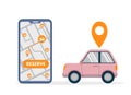 Simple car sharing illustration with big smartphone with free car search and reservation map and pink car in flat style