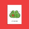 Simple card design with cute veggie and phrase - Lets avo-cuddle. Kawaii drawing with avocado