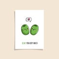 Simple card design with cute veggie and phrase - Olive you very much. Kawaii drawing with olive