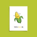 Simple card design with cute veggie and phrase - you`re a-maize-ing.  Kawaii drawing with corn. Illustration with cute maize Royalty Free Stock Photo