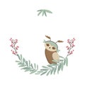 Simple card illustration of funny cartoon owls with christmas hats on a branch