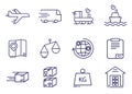 Simple cargo world delivery logistic line icons set. Outline illustration