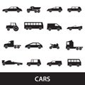 Simple cars black silhouettes icons collection