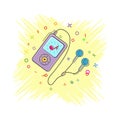 Simple cartoon Audio Music Player icon with headphones. Comic book style icon with splash effect. Flat insulated style