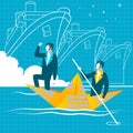 Simple cartoon of businessmen rowing the boat. Teamwork, success.